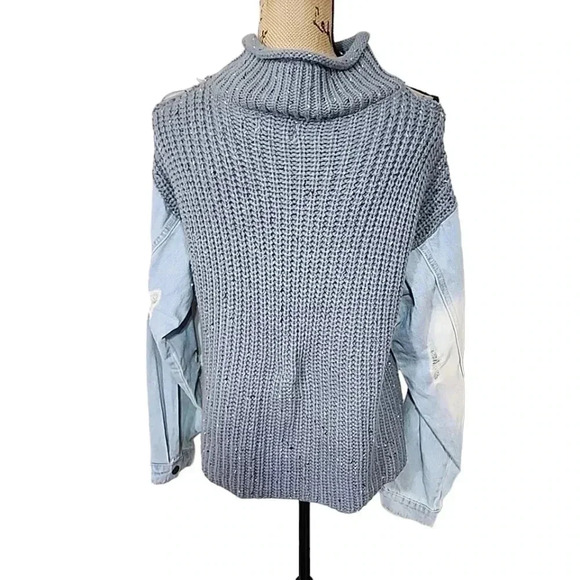 Instinct over Reason Shredded Turtle Neck Denim Sleeves Sweater. Size Medium - Picture 10 of 13